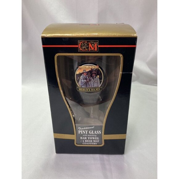 Concept Memorabilia Sherlock Holmes Pint Glass Arcoroc France w/4 Coasters - Picture 1 of 8